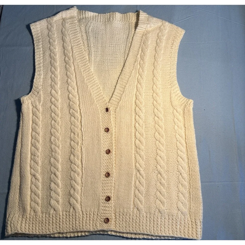Vintage Hand Knit Cable Knit Cardigan Vest Cream V-Neck Button Front Sleeveless